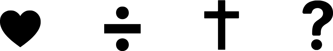 The four signs: a heart, a division sign, a cross, and a question mark.